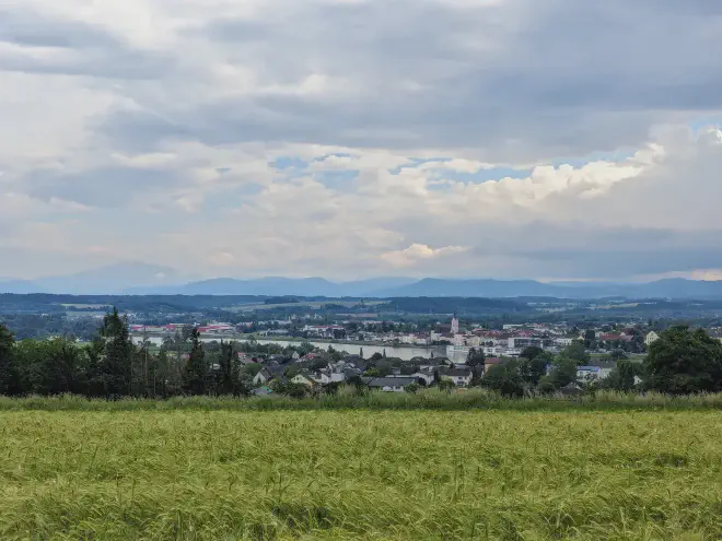 Blick nach Ybbs von Anhöhe über Persenbeug, davor Getreidefeld.