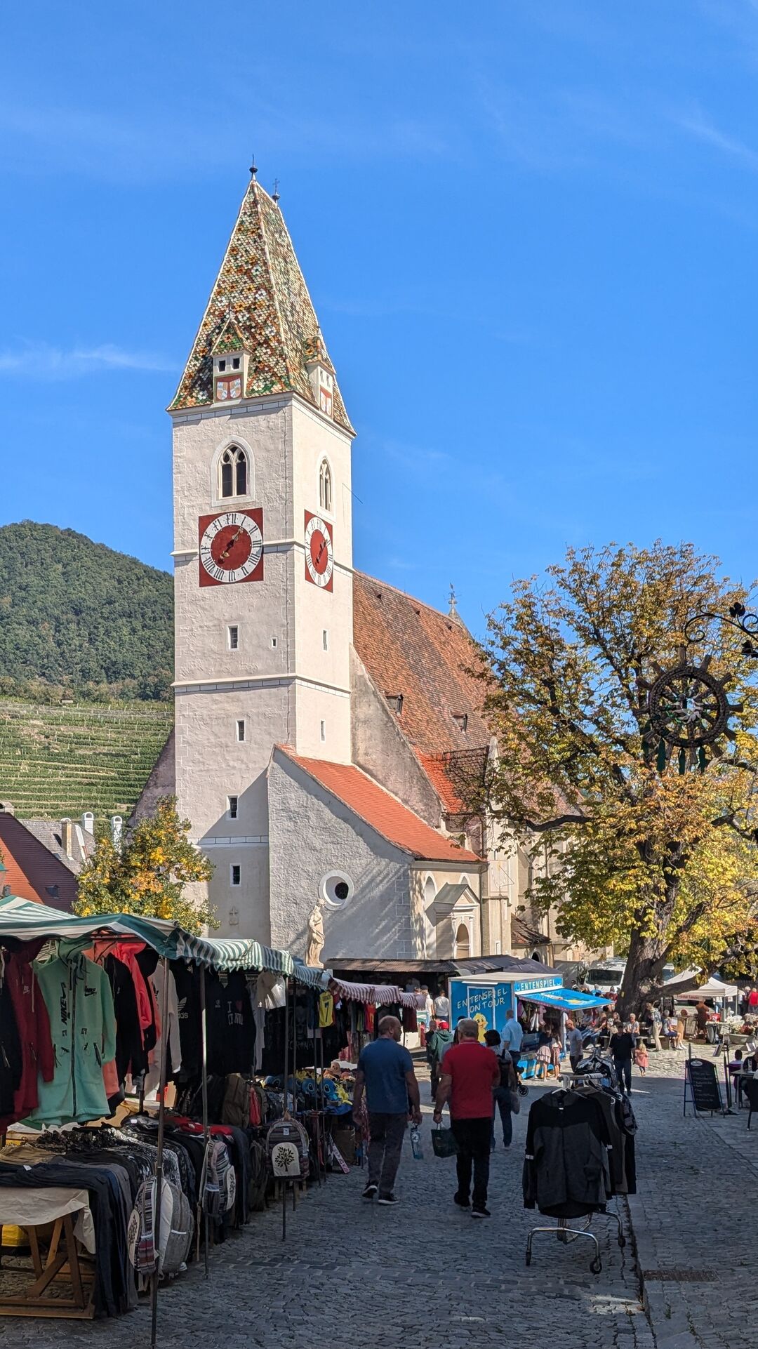 Market square and church tower Spitz an der Donau.