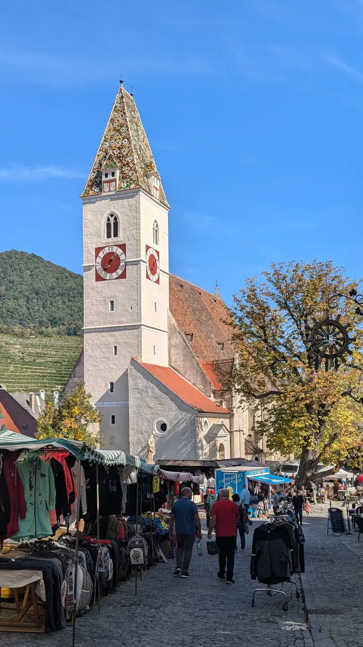 Market square and church tower Spitz an der Donau.